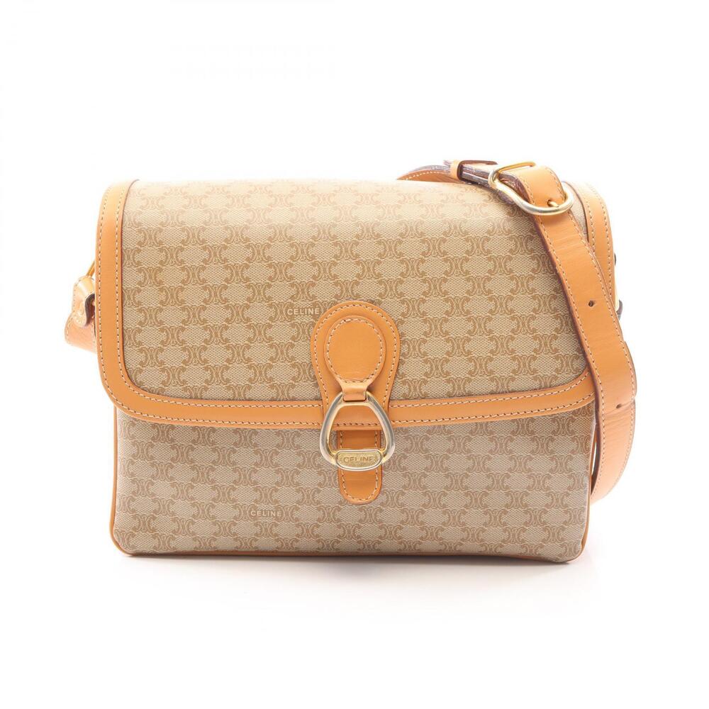 Celine Macadam Shoulder Bag Canvas Leather Beige Cream Brown